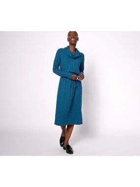 AnyBody Dress Size Medium Petite Rib Knit Cowl Neck Dress Deep Teal Cozy Staple